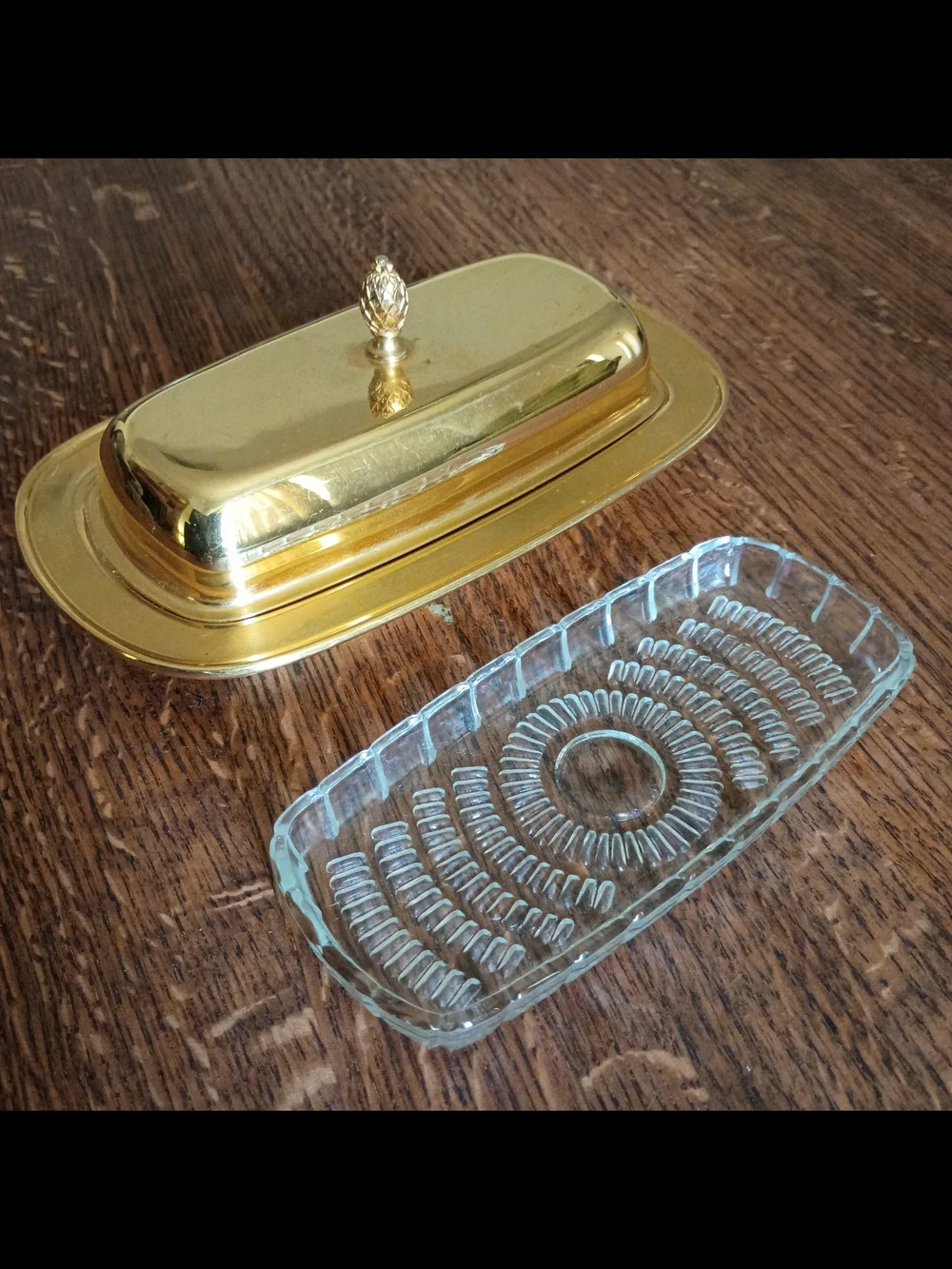 Vintage 18k Gold Electroplated Butter Dish with Lid, Glass Insert